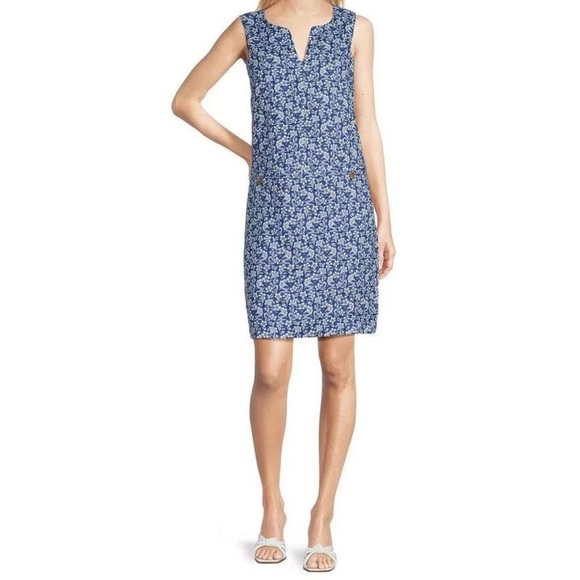 J. McLaughlin Rue Navy Blue Linen Floral Sleeveless Shift Dress XL NEW $218 - Picture 1 of 15